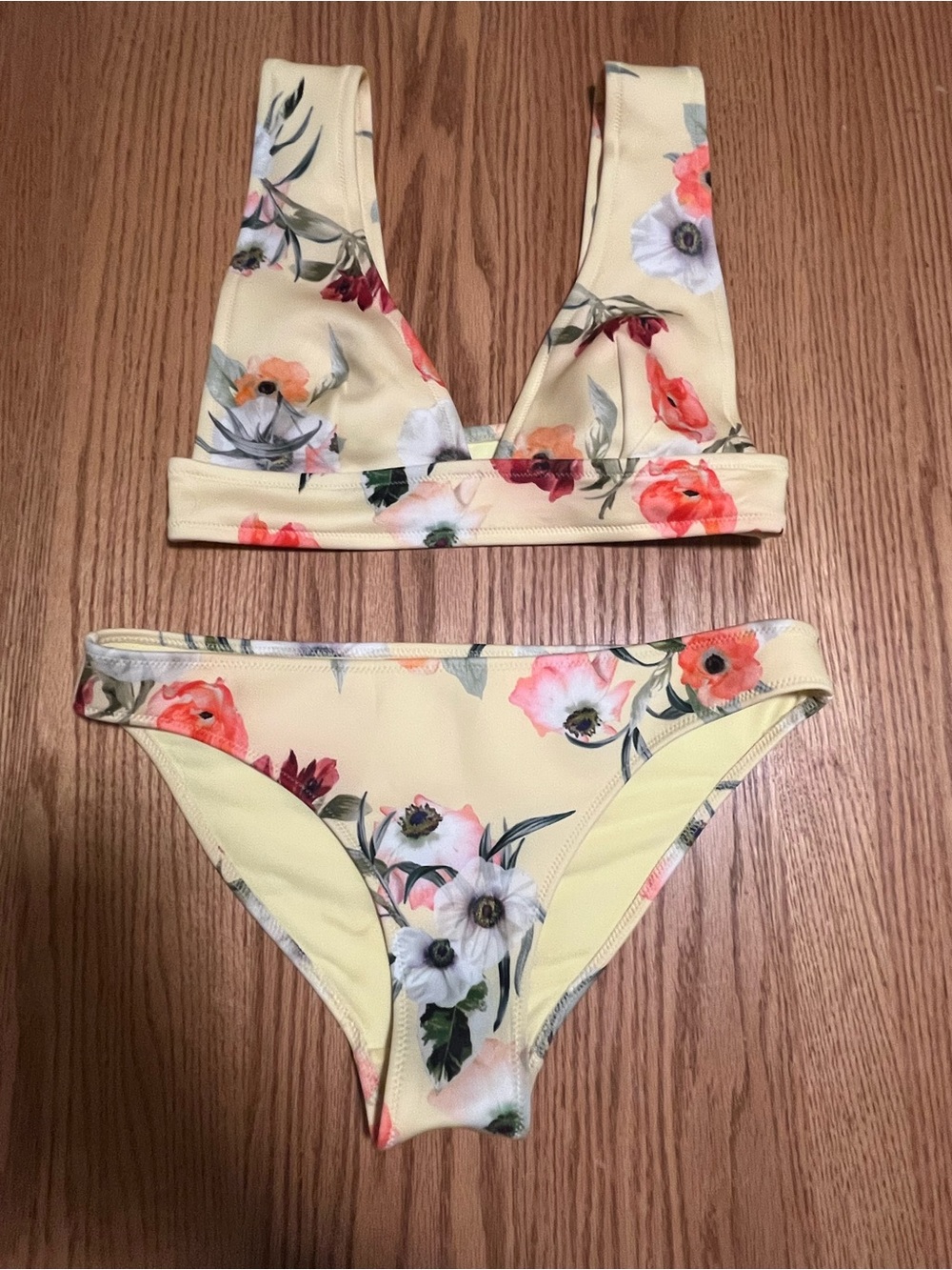 H&M Yellow Floral Swim Bikini 2 Piece Top and Bottom Size 12